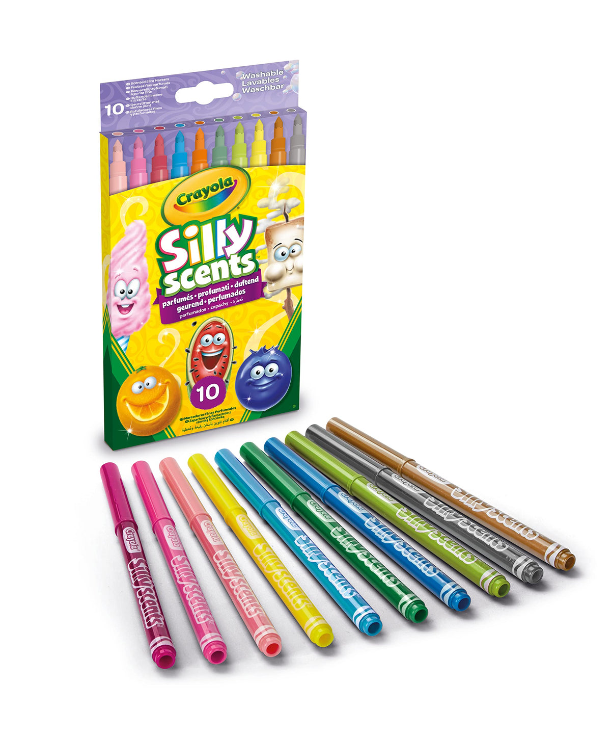 Crayola Silly Scents markers set with 10 fragrant, washable markers for kids' art.