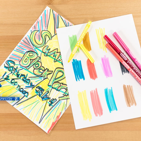 Crayola Silly Scents marker swatches highlighting fruity scents and easy cleanup after crafts.