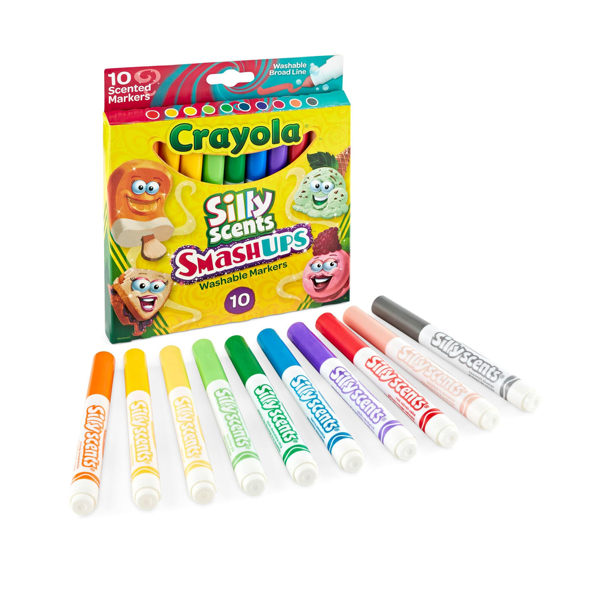 Crayola Silly Scents Slim Markers pack front in mint and red for vibrant, washable color.