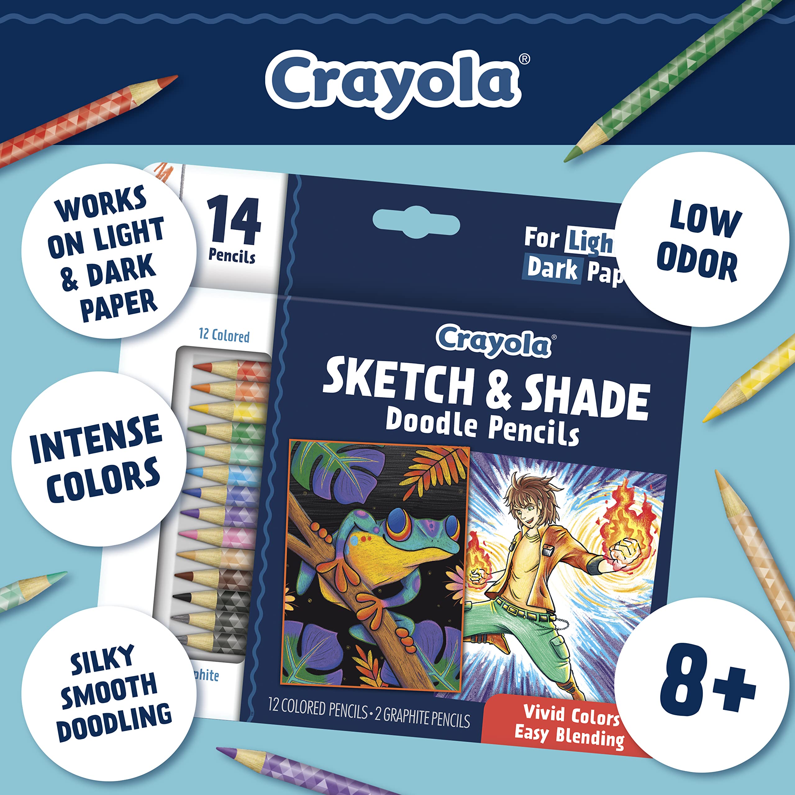 Crayola gel-core pencils provide smooth, blendable color on light and dark paper