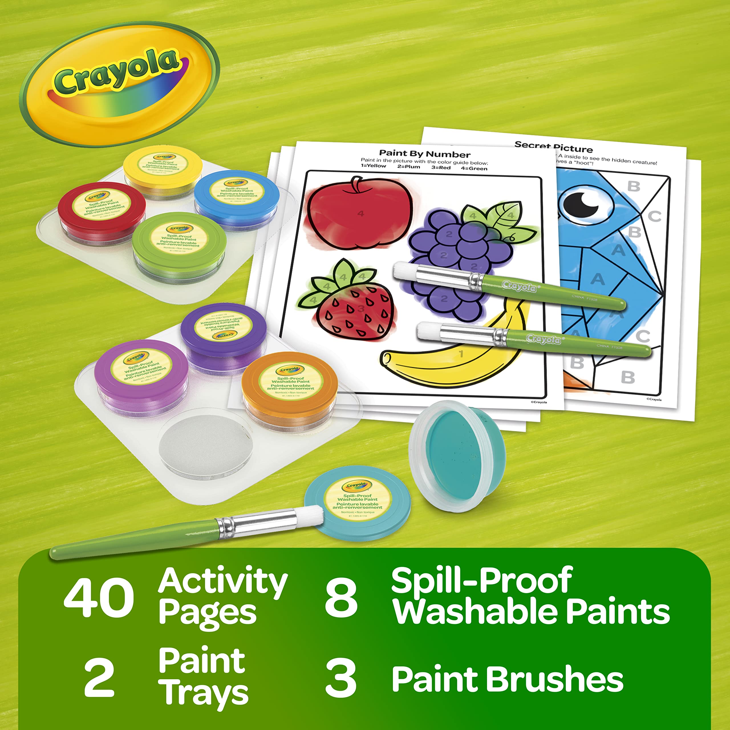 Crayola spill proof paint set includes 3 kid-friendly brushes for easy grips
