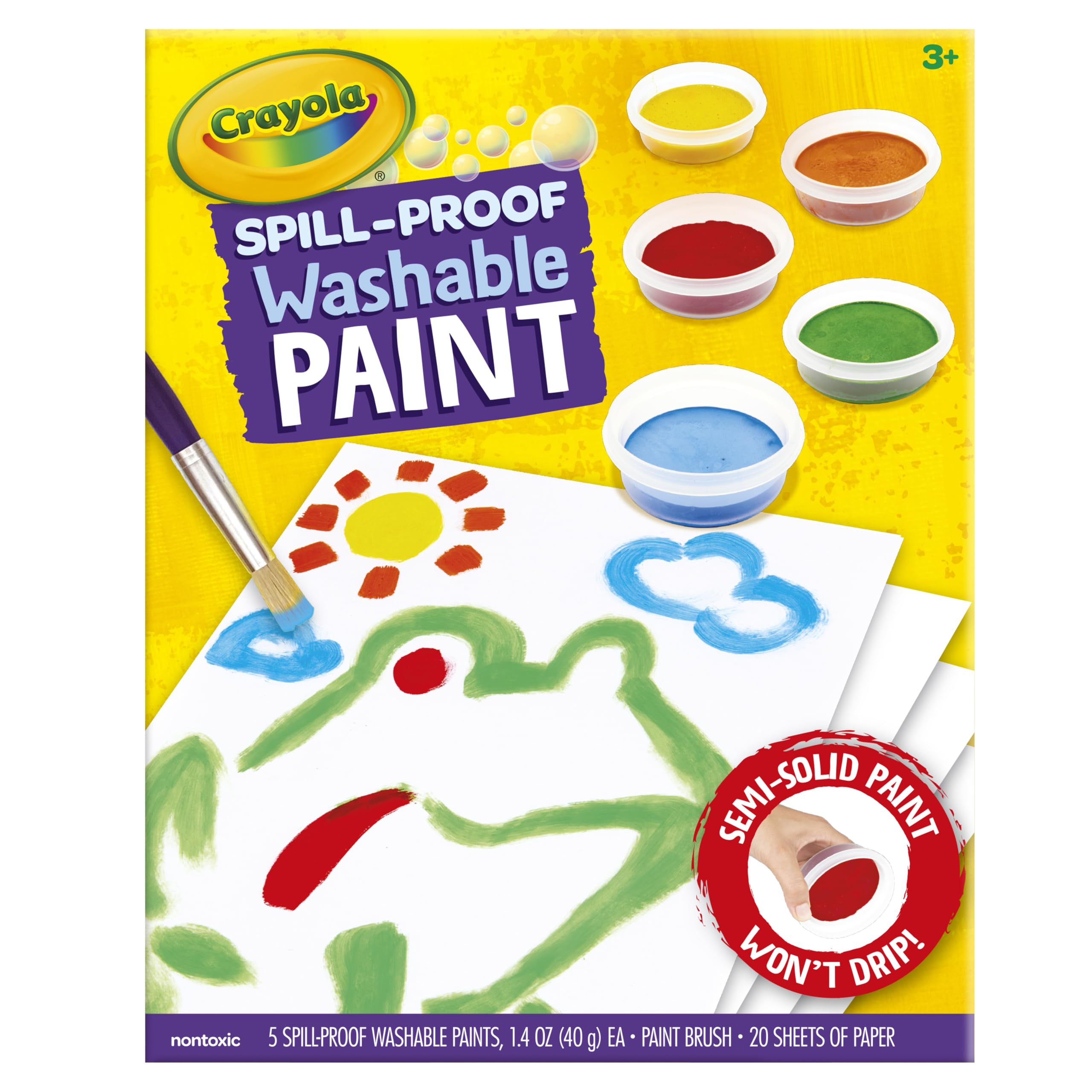 Crayola Spill Proof Paint Set is washable from skin and most fabrics.