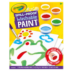 Crayola Spill Proof Paint Set is washable from skin and most fabrics.