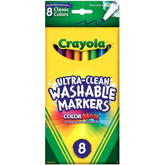 Crayola Thinline Washable Markers pack front with eight color caps for easy color selection.