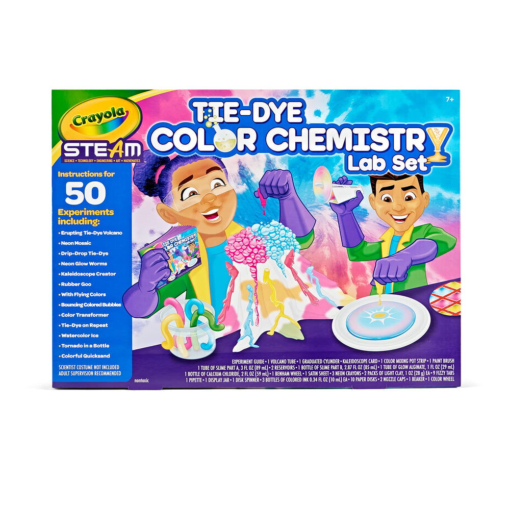 Crayola Tie Dye Color Chemistry Set packaging shows vivid gear for engaging STEM play at home