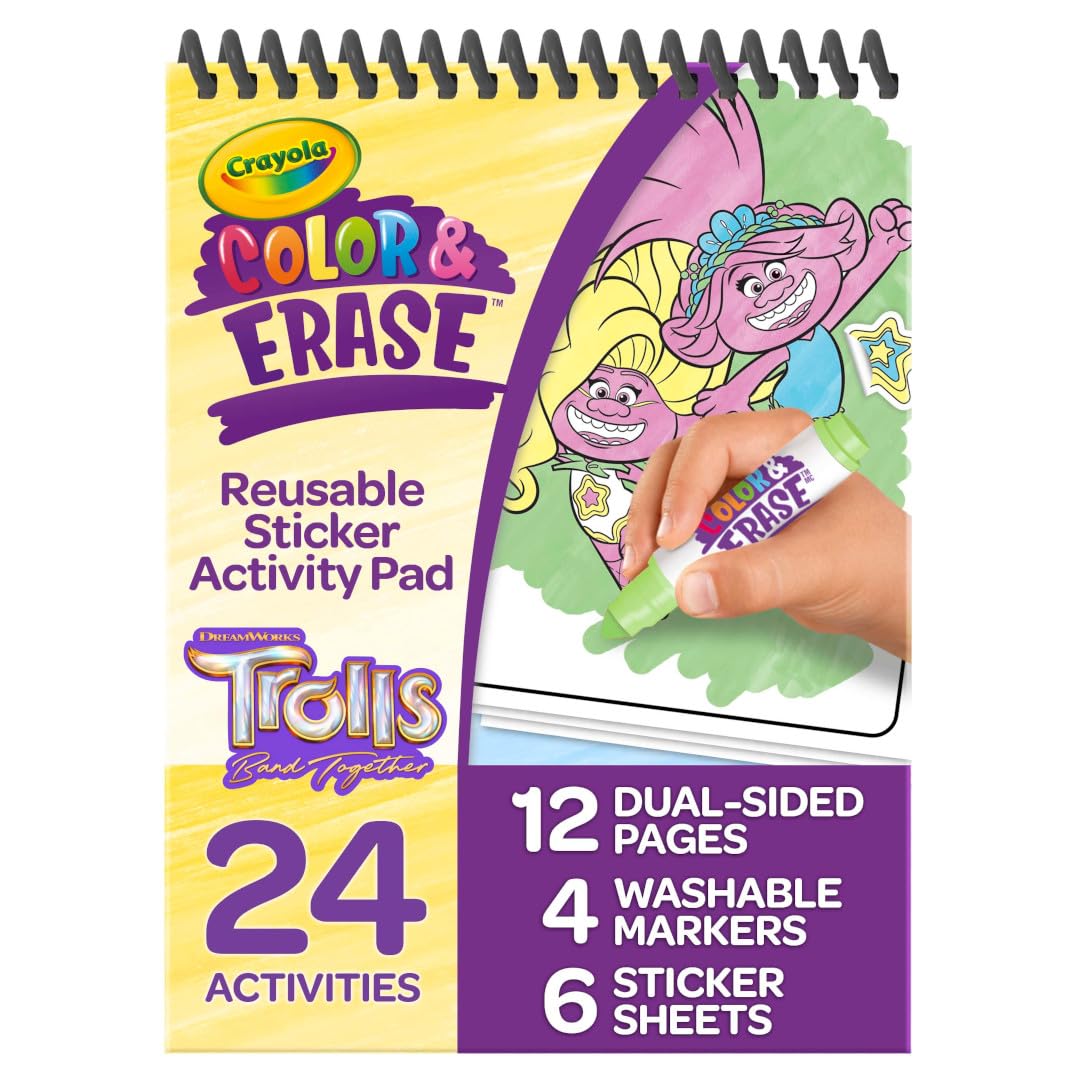 Crayola Trolls color-and-erase pages for wipe-clean coloring fun.
