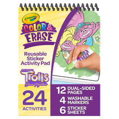 Crayola Trolls color-and-erase pages for wipe-clean coloring fun.