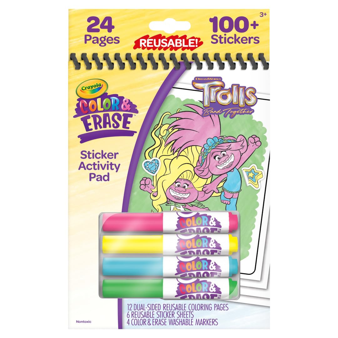 Crayola Trolls sticker sheets with colorable, repositionable stickers.
