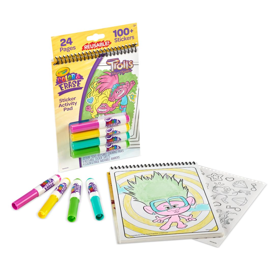 Crayola Trolls travel activities pad for on-the-go creativity.