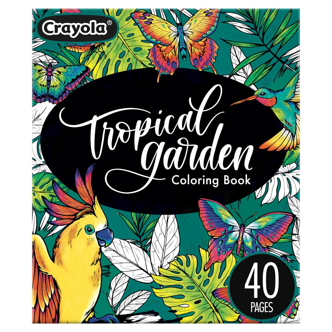 Crayola Tropical Garden coloring page with tropical foliage for relaxing stress relief