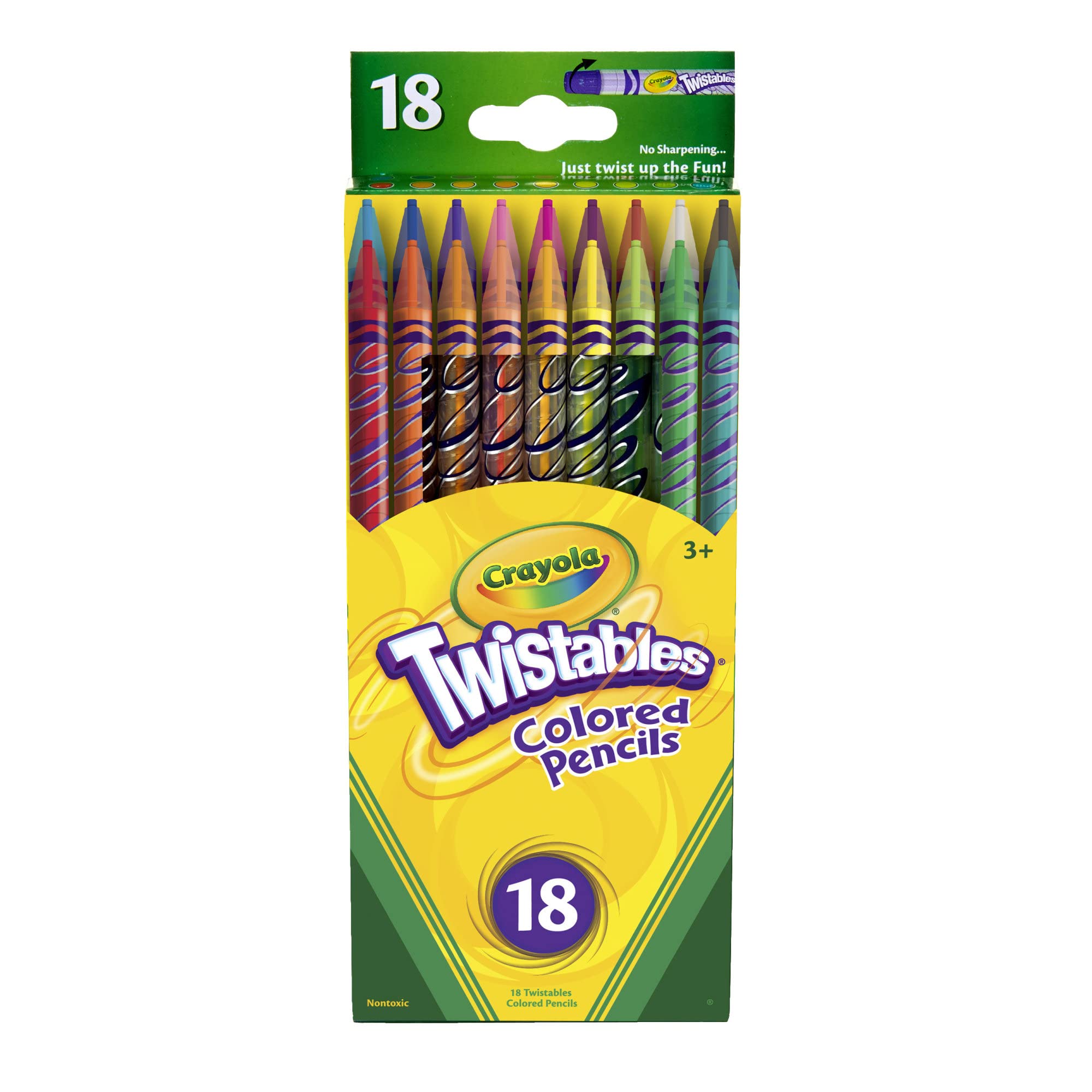 Crayola Twistables 18-color barrel view showing vivid colors and twist mechanism.