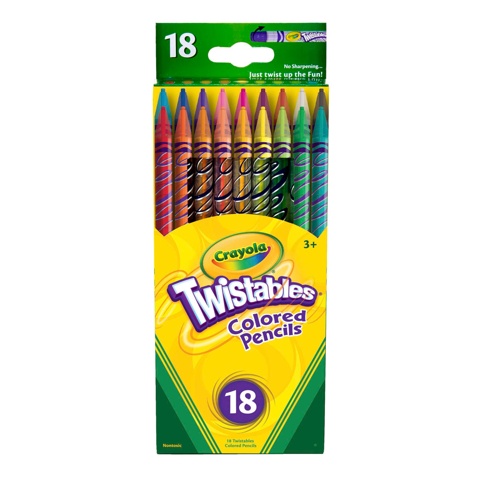 Crayola Twistables 18-color barrel view showing vivid colors and twist mechanism.