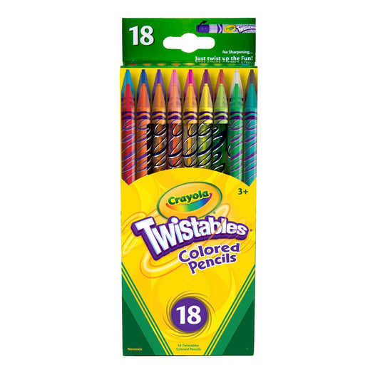 Crayola Twistables 18-color barrel view showing vivid colors and twist mechanism.