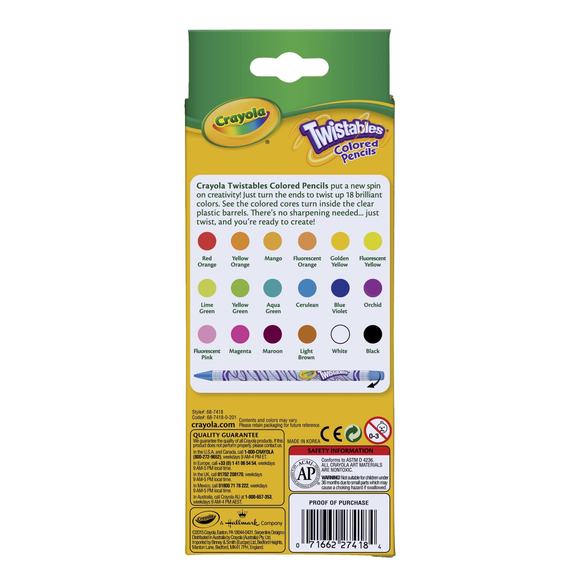 Crayola Twistables no-sharpening design for mess-free coloring sessions.
