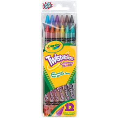 Crayola Twistables pencils in 12 colors with twist-up design for mess-free classroom coloring.