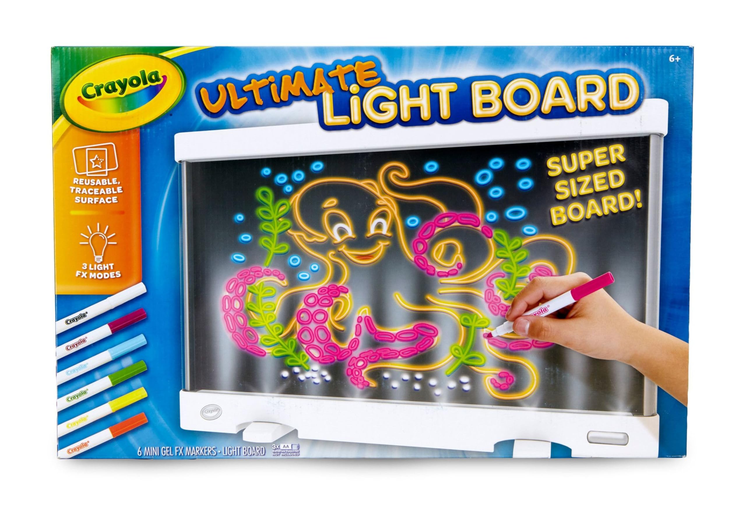 Crayola Ultimate Light Board LED effects create magical art experiences for kids during creative play.