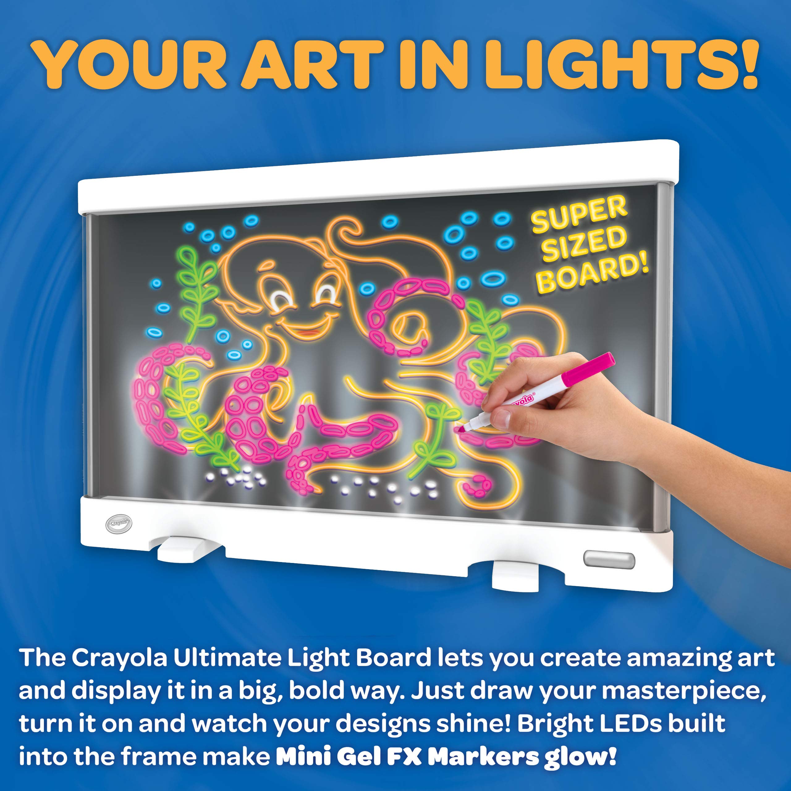 Crayola Ultimate Light Board six washable markers offer bold colors for expressive designs.