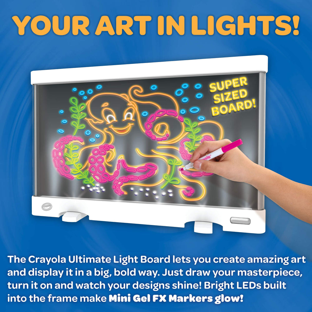 Crayola Ultimate Light Board six washable markers offer bold colors for expressive designs.