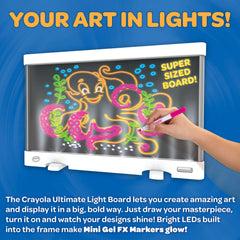 Crayola Ultimate Light Board six washable markers offer bold colors for expressive designs.