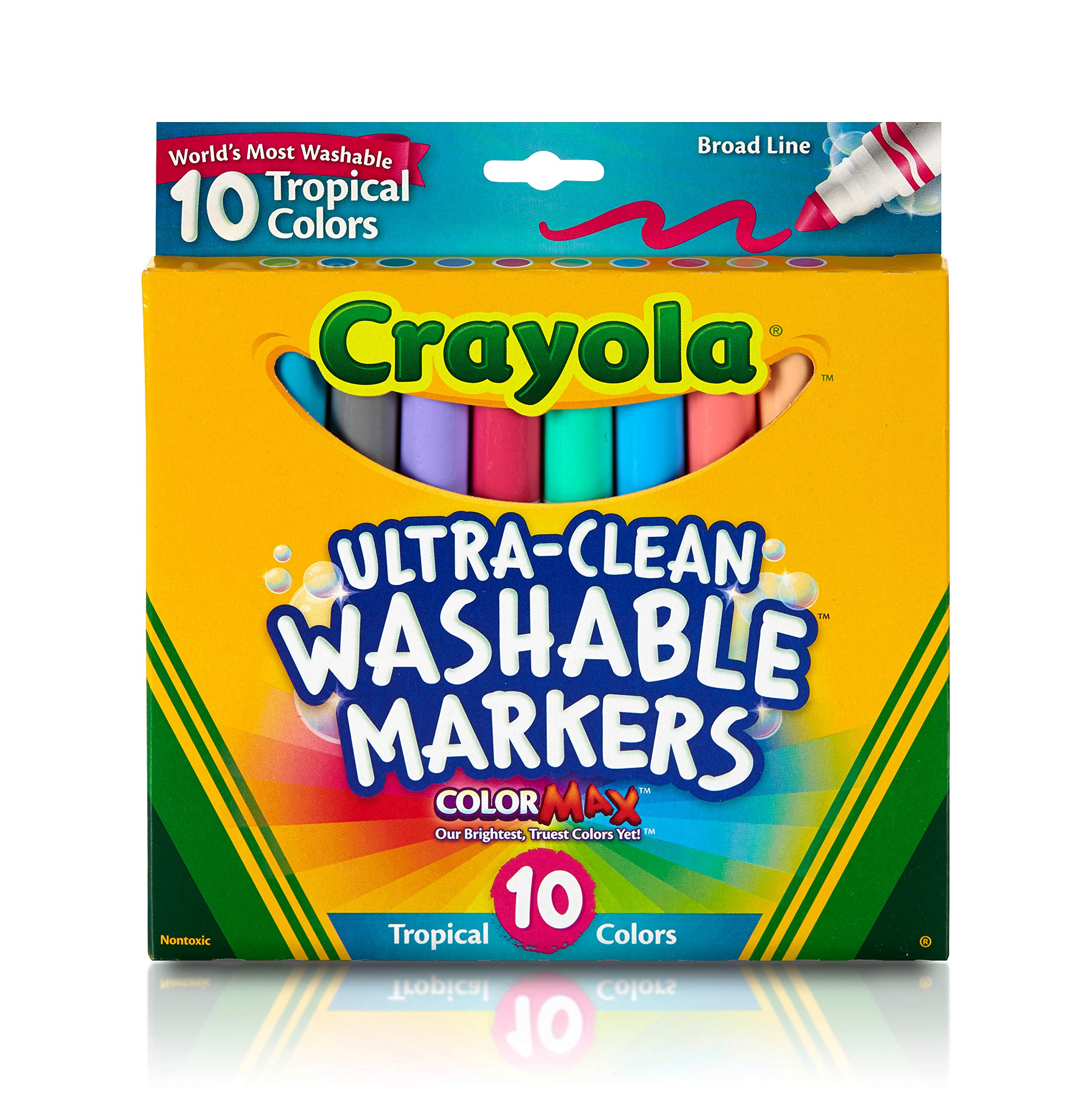Crayola Ultra Clean Tropical markers bottle showing bright colors for mess-free crafting