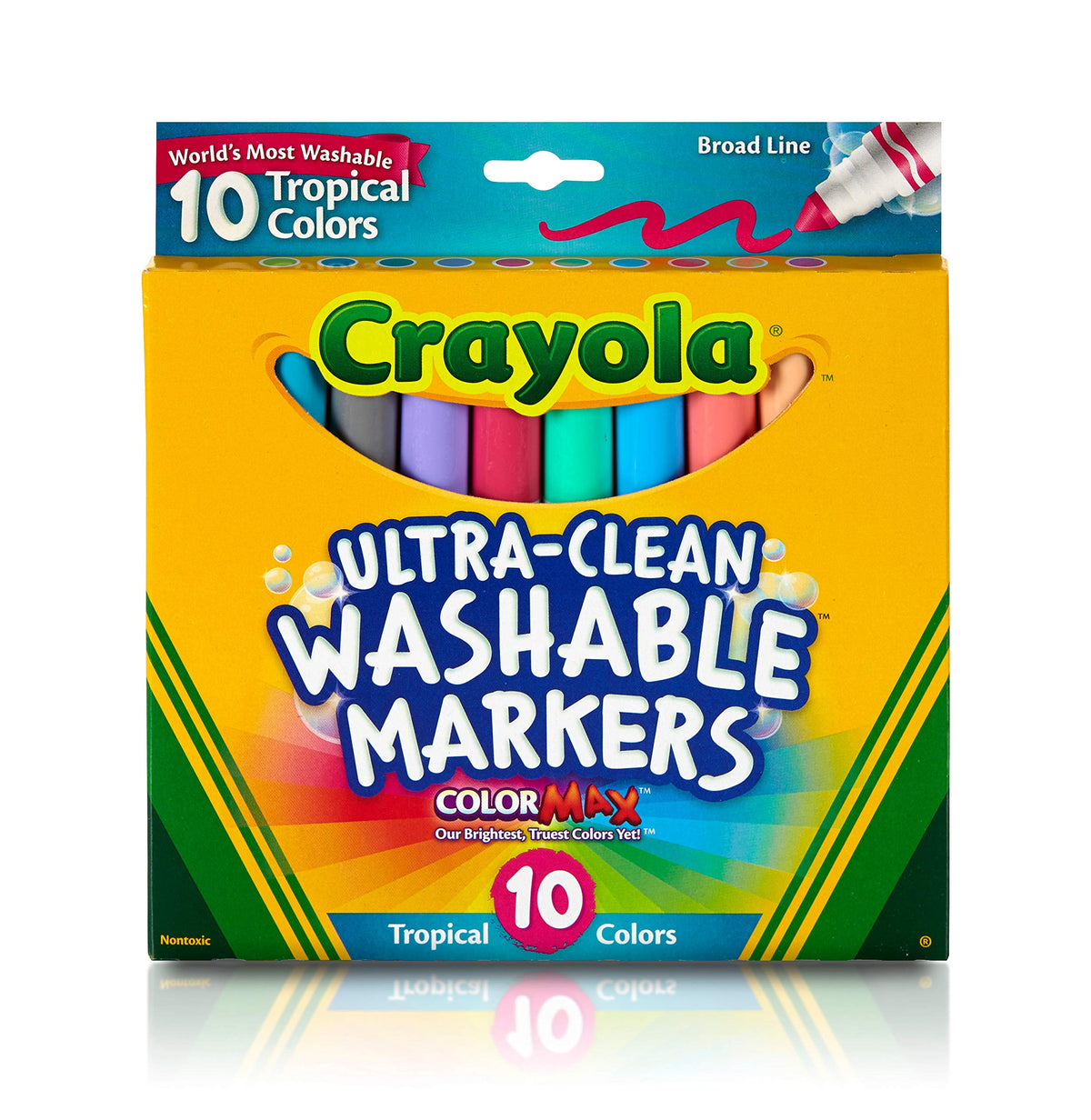 Crayola Ultra Clean Tropical markers bottle showing bright colors for mess-free crafting