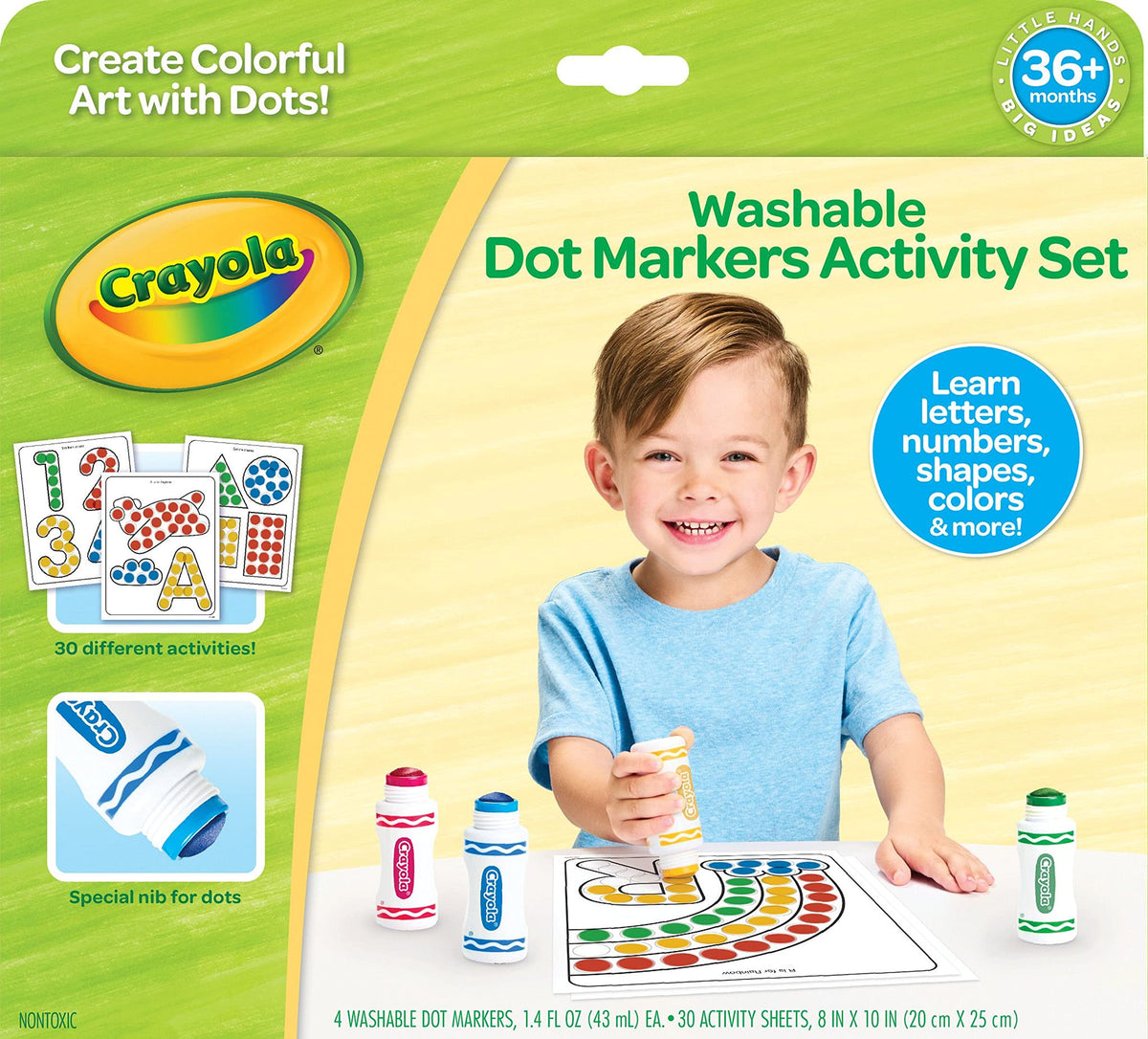 Crayola Washable Dot Markers Activity Set contents shown for hands-on learning.