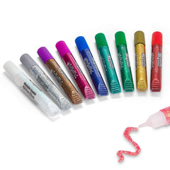 Crayola glitter glue pen in blue creates crisp lines for details.