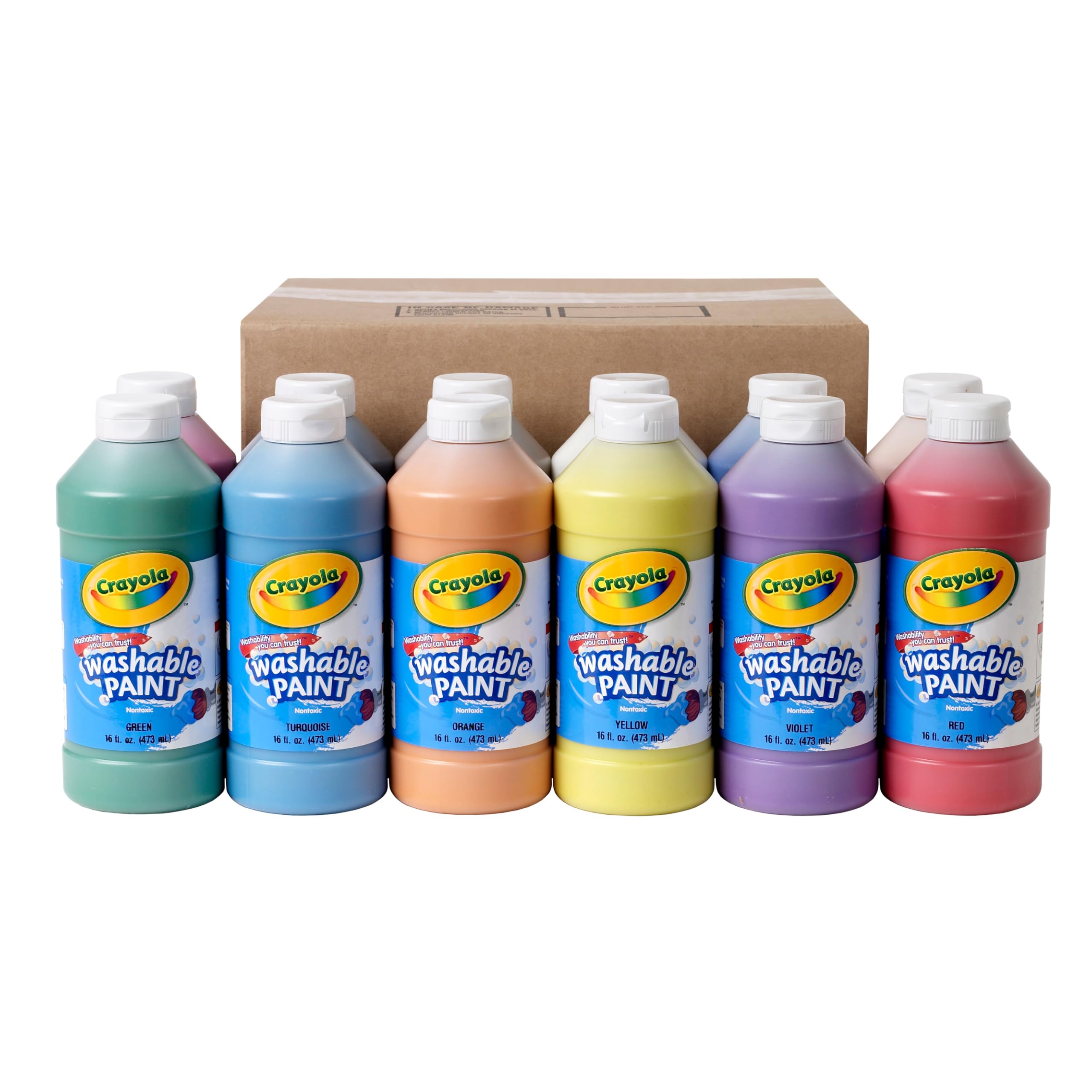 Crayola washable paint 12-color set with 16-ounce bottles for classroom projects.