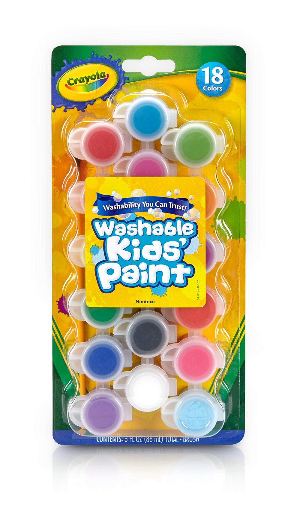 Crayola Washable Paints 18-color pots for vibrant kids' art projects.