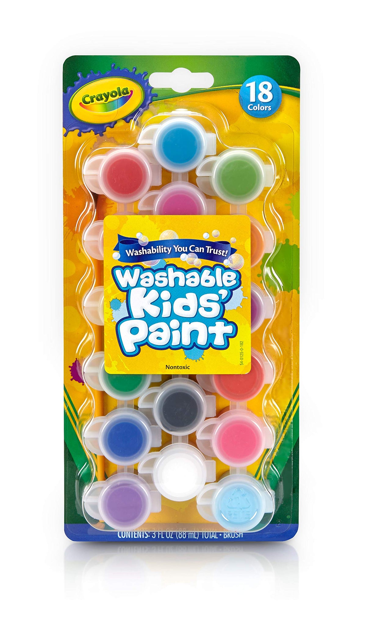 Crayola Washable Paints 18-color pots for vibrant kids' art projects.