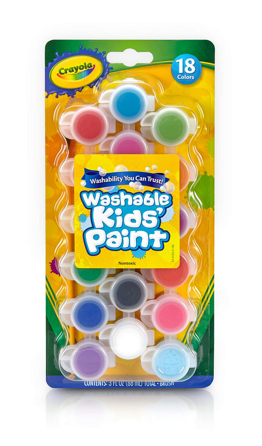 Crayola Washable Paints 18-color pots for vibrant kids' art projects.
