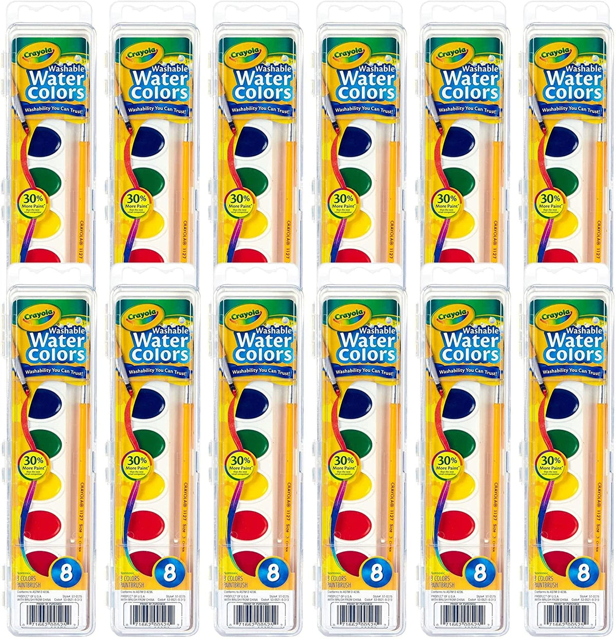 Crayola washable watercolor 12-set bulk pack for classrooms and group projects.