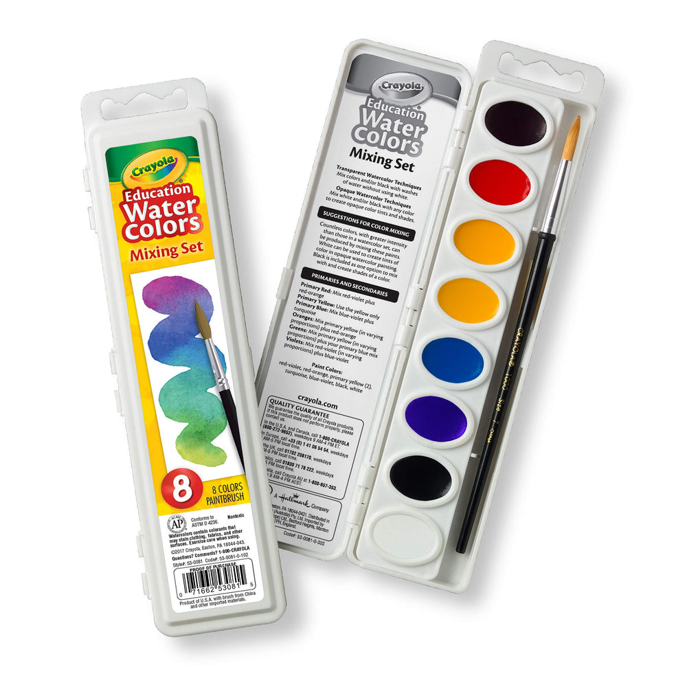Crayola watercolor mixing set with Taklon brush for smooth application and blending.