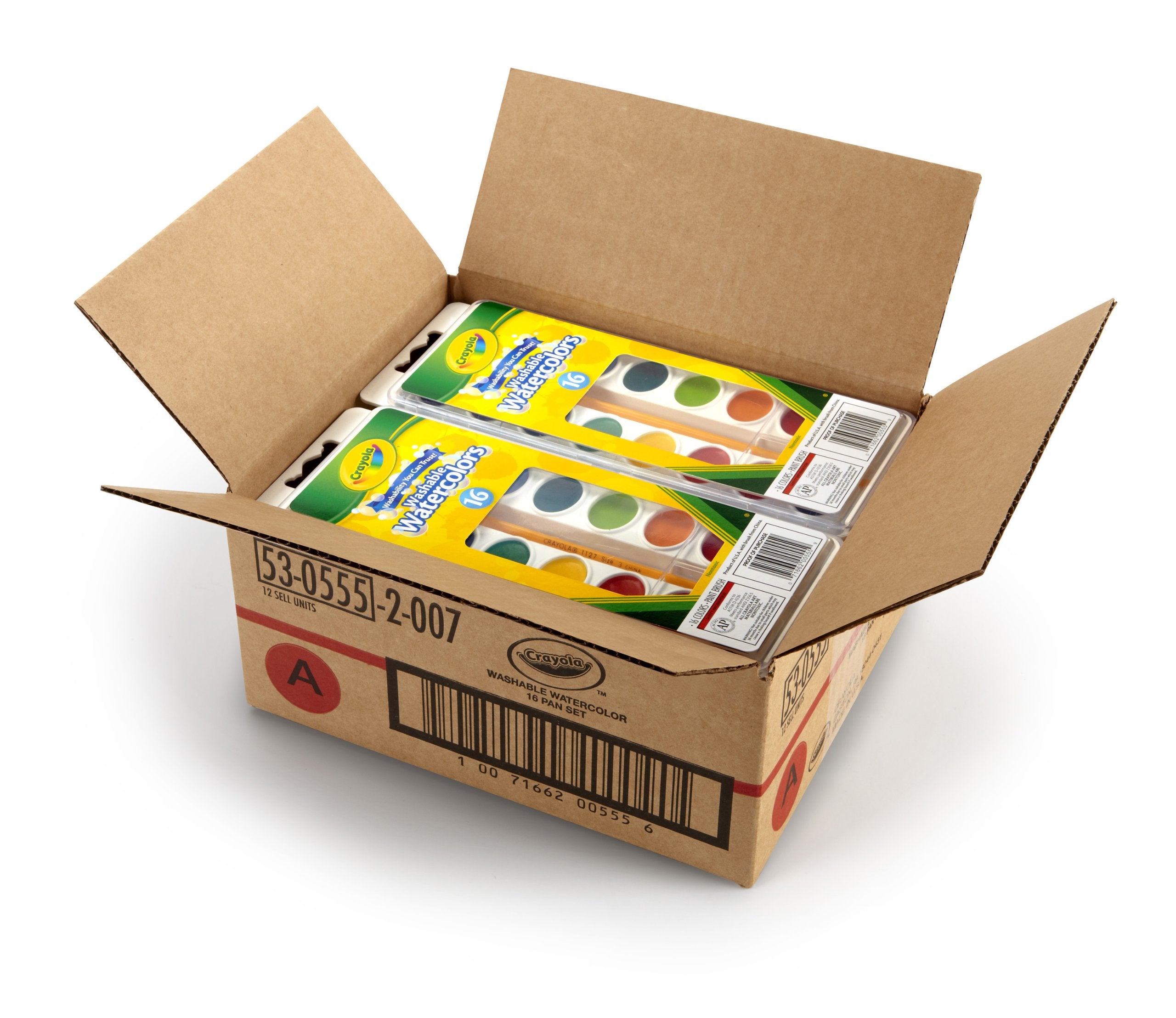 Crayola case-pack watercolor paints, organized bulk art supplies for classrooms
