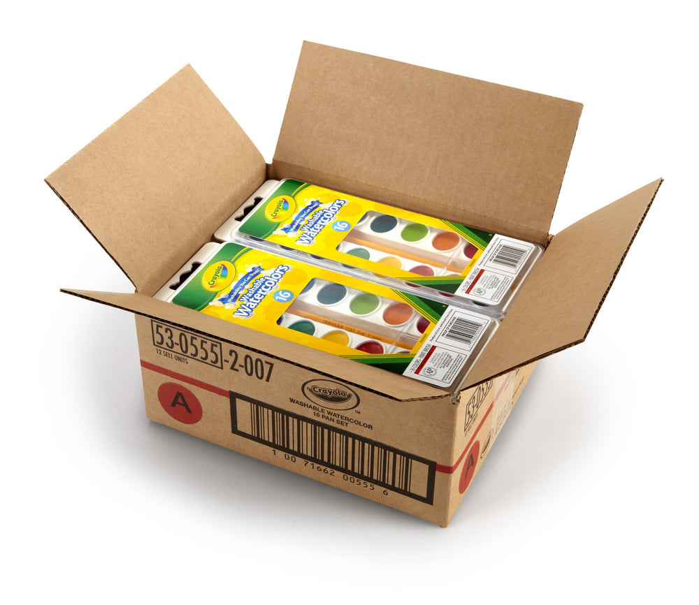 Crayola case-pack watercolor paints, organized bulk art supplies for classrooms