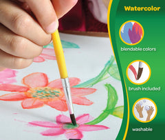 Crayola watercolor paints open pack displaying vibrant color range.