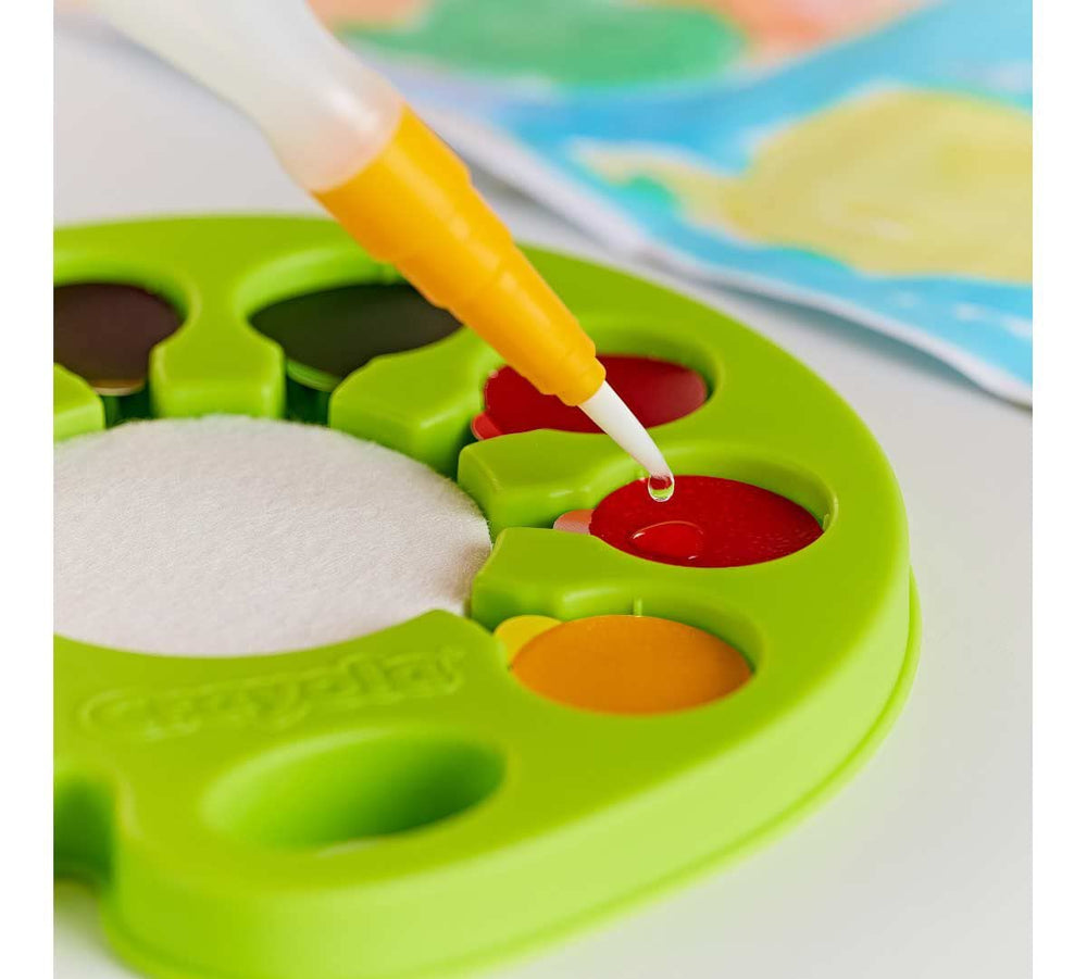 Crayola Watercolor Pop & Paint Palette refillable water brush for spill-free coloring.