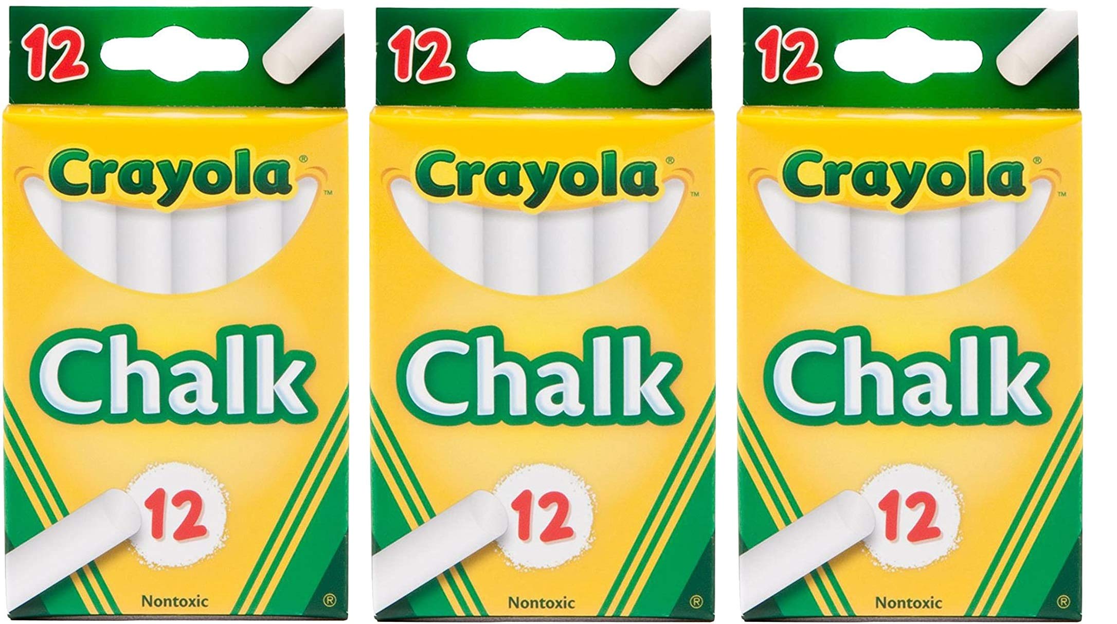 Crayola white chalk 12-pack on a classroom blackboard for writing and drawing