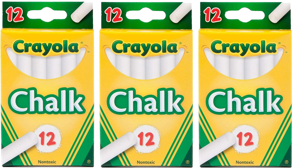 Crayola white chalk 12-pack on a classroom blackboard for writing and drawing
