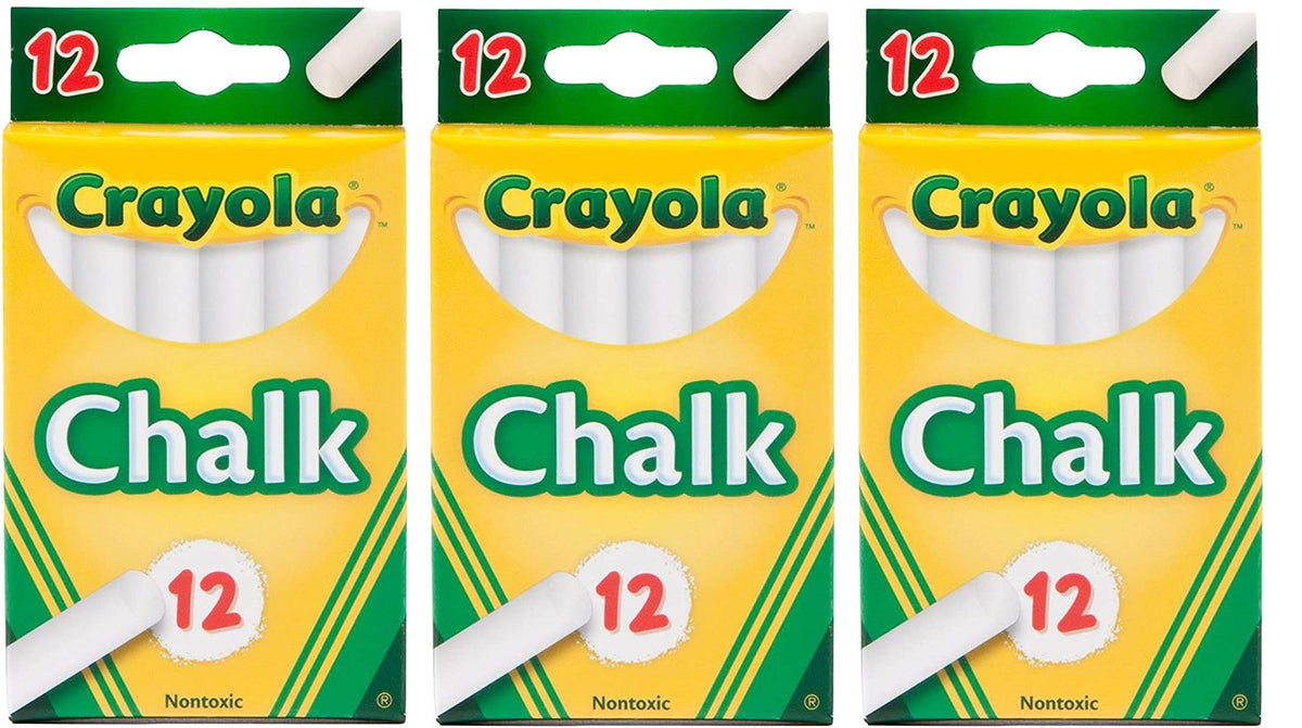 Crayola white chalk 12-pack on a classroom blackboard for writing and drawing