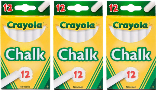 Crayola white chalk 12-pack on a classroom blackboard for writing and drawing