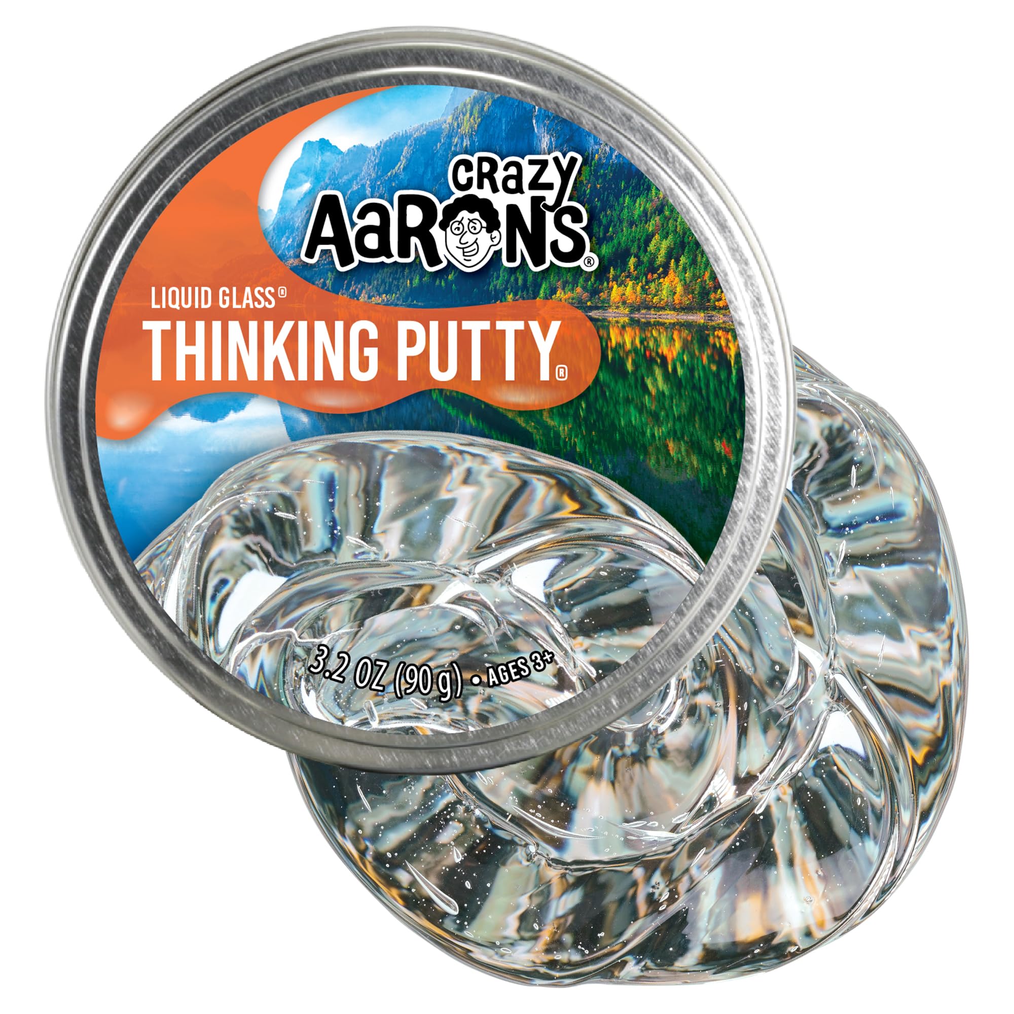 Crazy Aaron's Liquid Glass in a 4in tin, crystal-clear putty for tactile exploration.