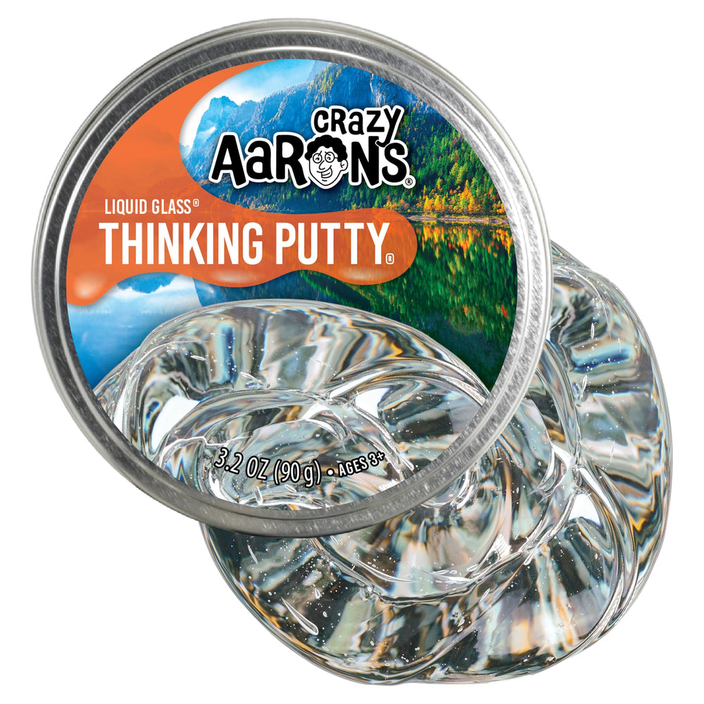 Crazy Aaron's Liquid Glass in a 4in tin, crystal-clear putty for tactile exploration.