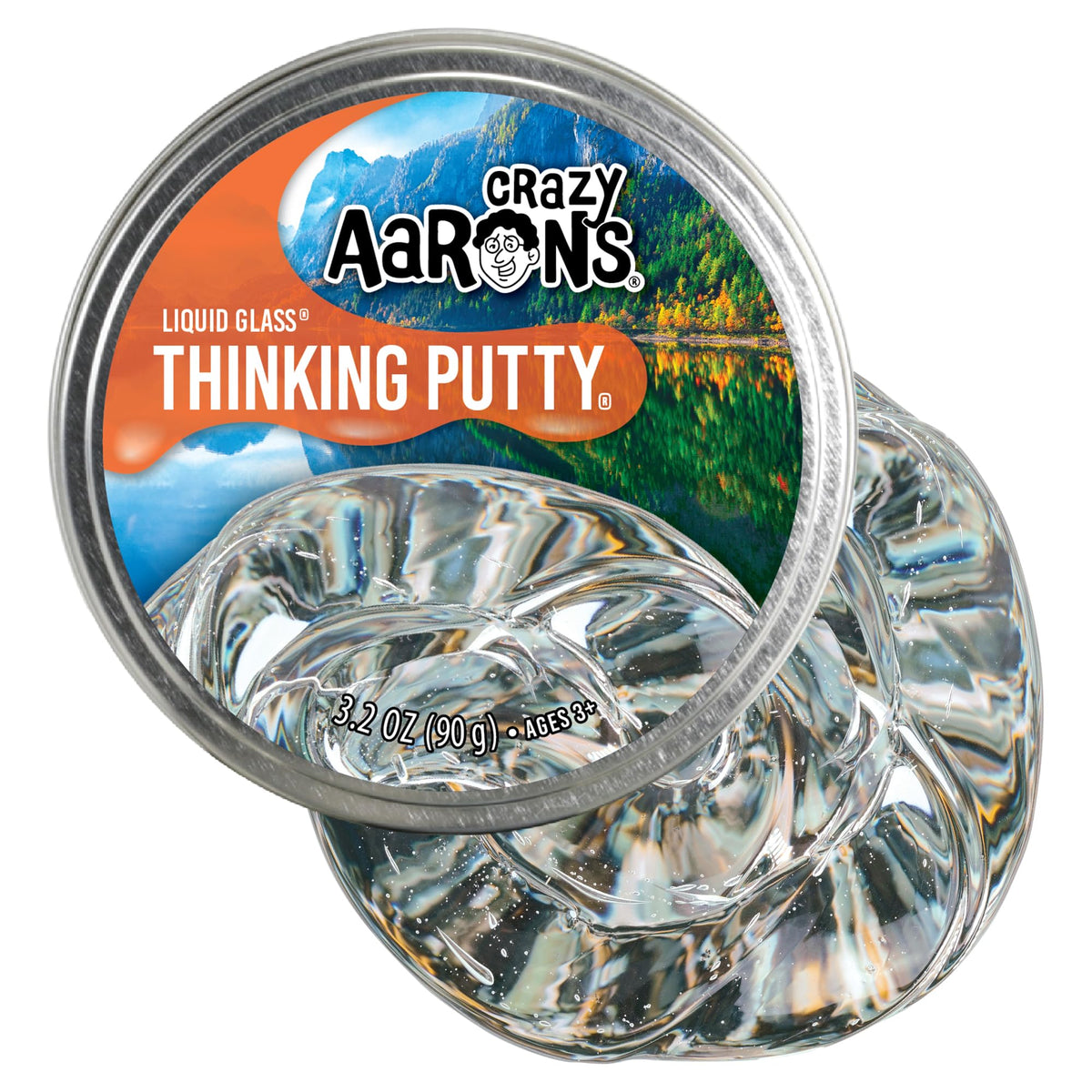 Crazy Aaron's Liquid Glass in a 4in tin, crystal-clear putty for tactile exploration.