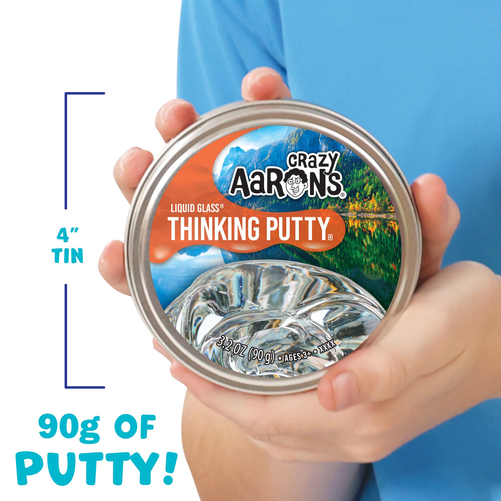 Crazy Aaron's Liquid Glass tin packaging shown for portable, mess-free fun.