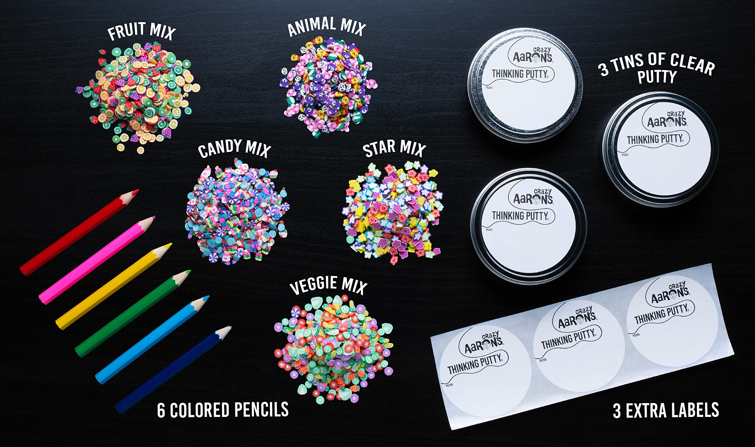 Crazy Aaron's kit includes six colored pencils for design accents.