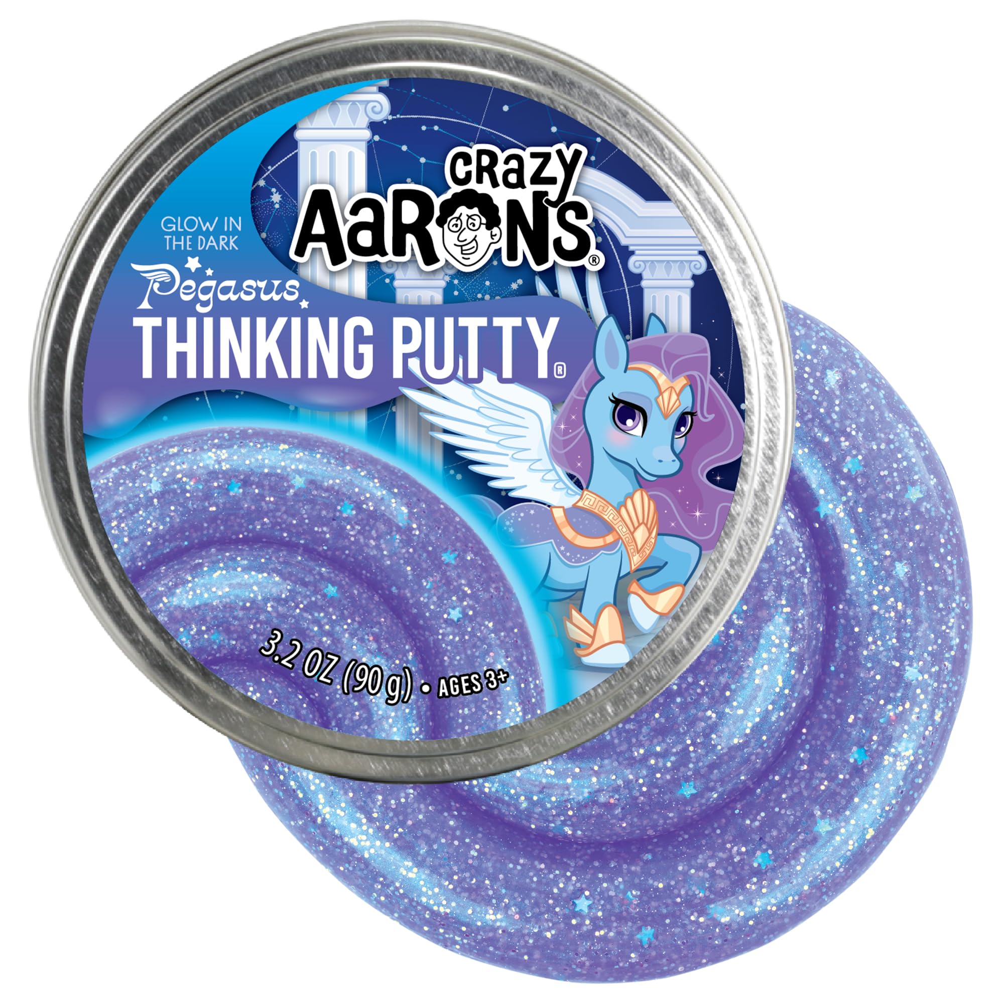 Crazy Aaron's Pegasus glow-in-the-dark putty in a 4-inch tin for tactile play and focus.