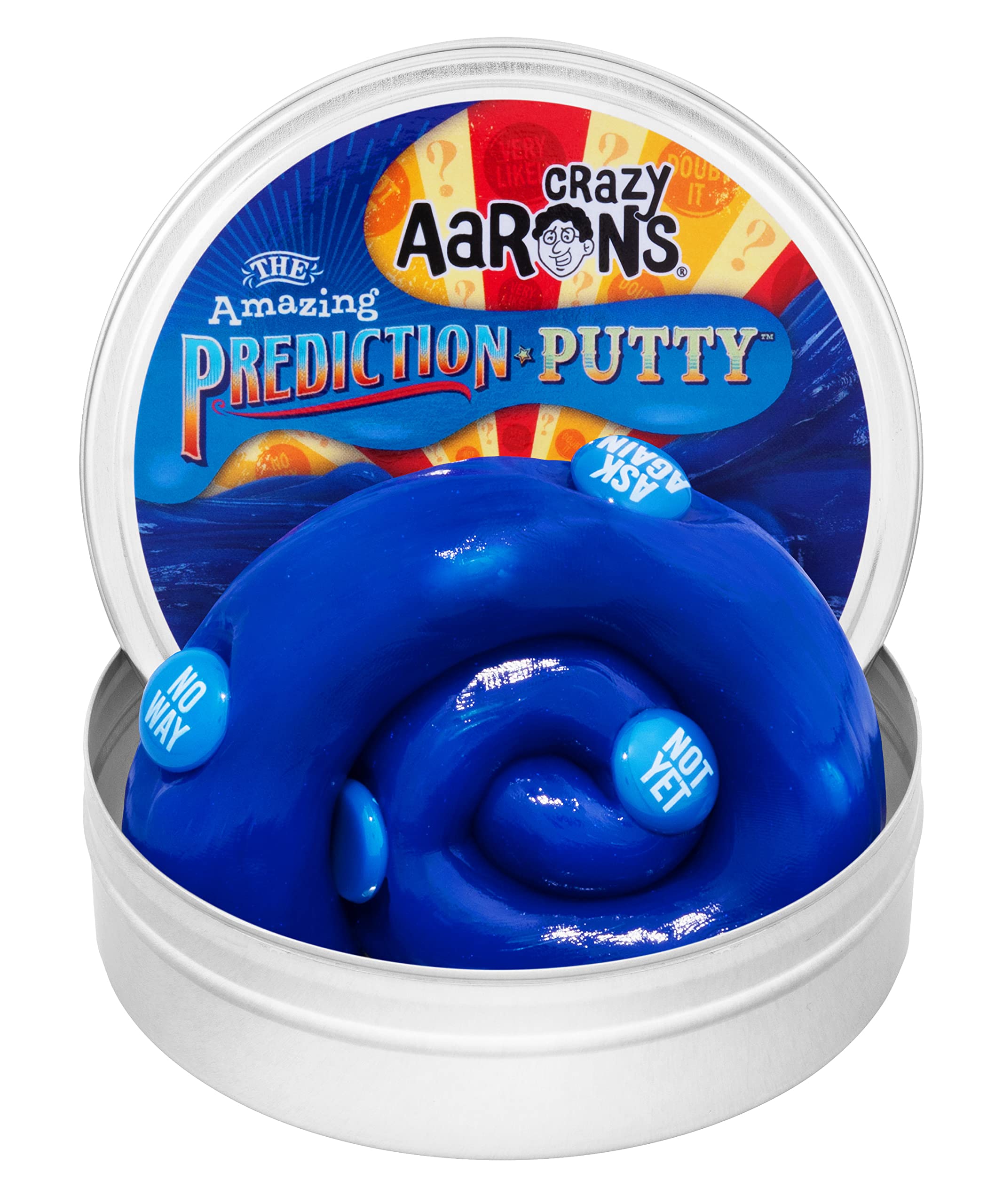 Crazy Aaron's Thinking Putty Prediction Blue tin front view for tactile desk play