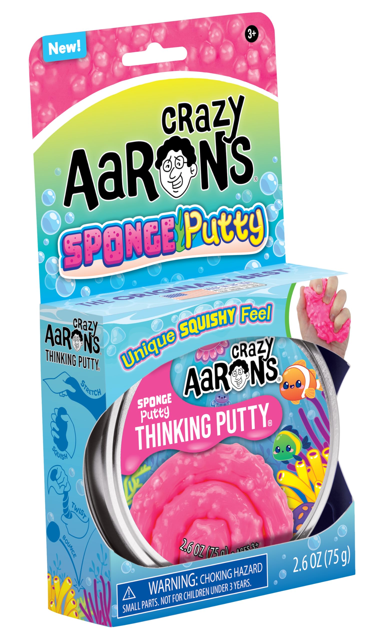 Crazy Aaron's Sponge Putty USA-made non-toxic formula for safe fun.