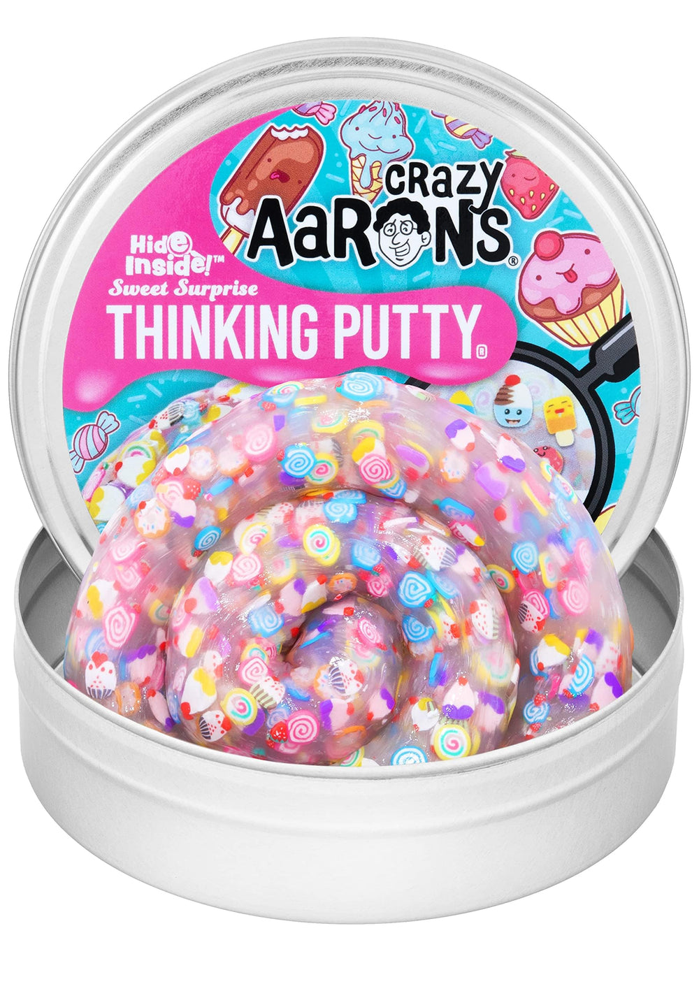 Crazy Aaron's Sweet Surprise clear putty in a 4-inch tin for tactile exploration.